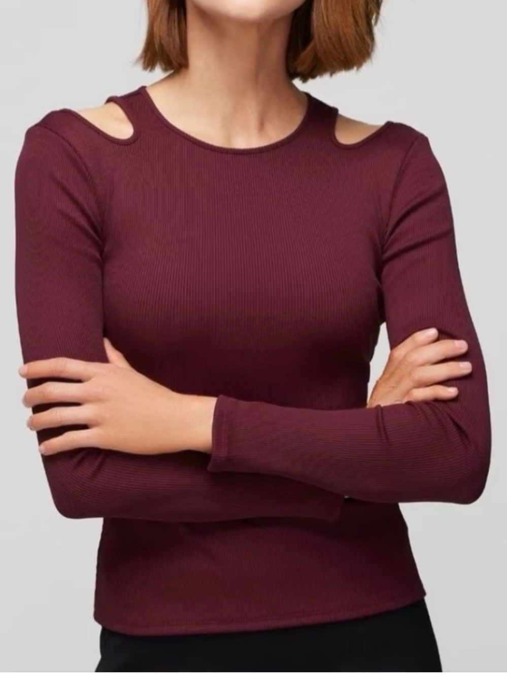 White House Black Market Ribbed Cutout-Shoulder Long Sleeve Top - Wine, L. NWOT